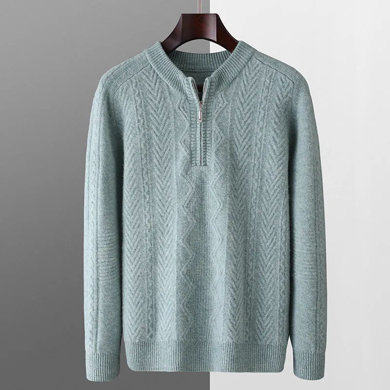 Men's diamond pattern wool sweater with half-zip front in camel colour