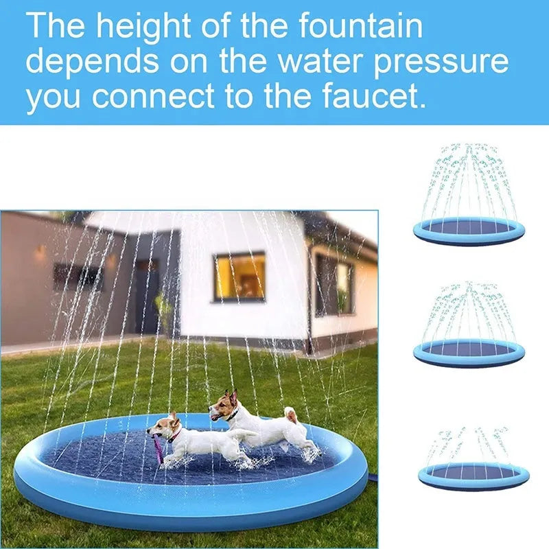 Blue anti-slip dog splash pad sprinkler toy with water sprays, placed on grass.