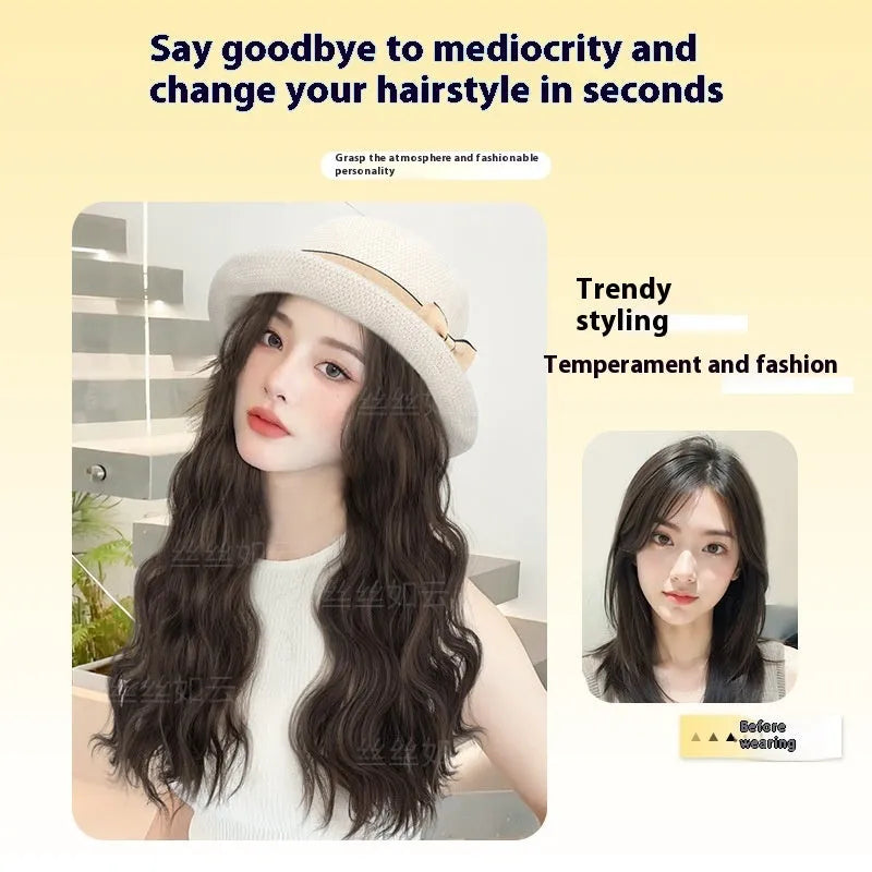 Hat wig with curly long hair in cold brown water ripple colour, high temperature fibre, summer style accessory for women