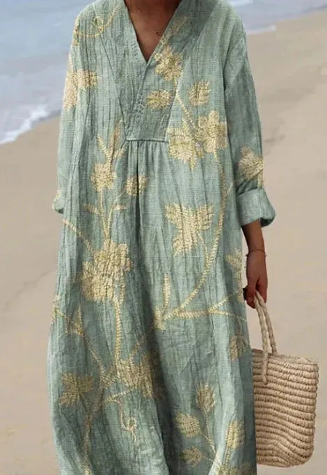 Floral 3D print long sleeve shirt dress with princess cut and wide waist on a hanger