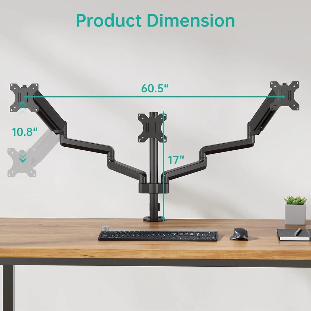 Black three-arm gas spring monitor mount for 27-inch computer screens