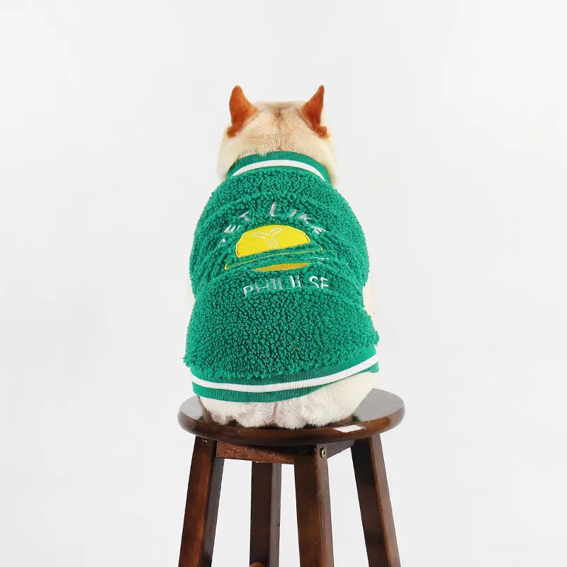 Green fleece-lined thick dog coat for winter, available in sizes L to 4XL