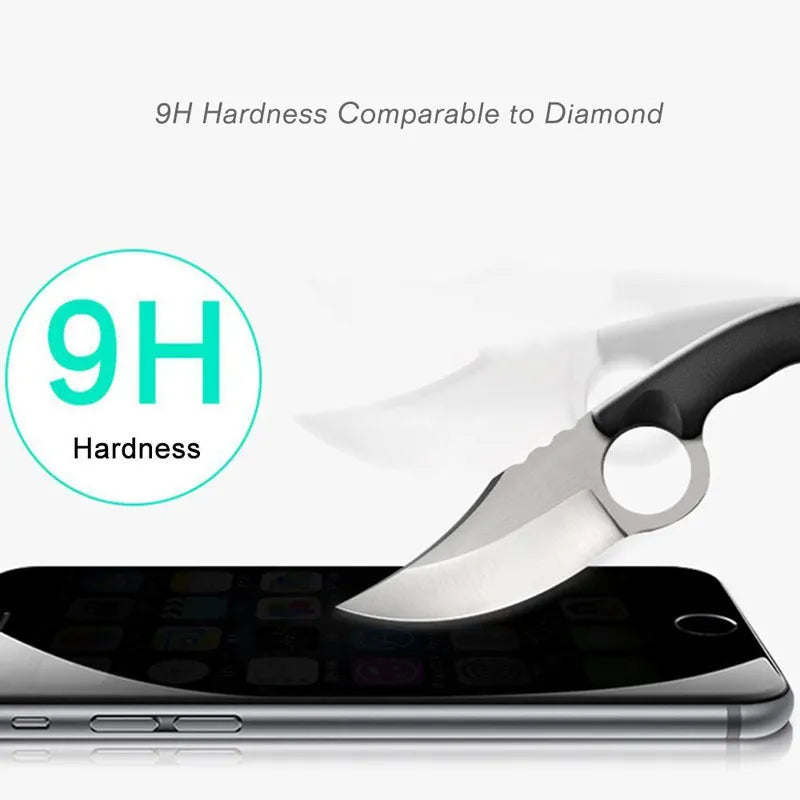 Black anti-peeping tempered glass screen protector for iPhone, front view with privacy filter visible at side angle