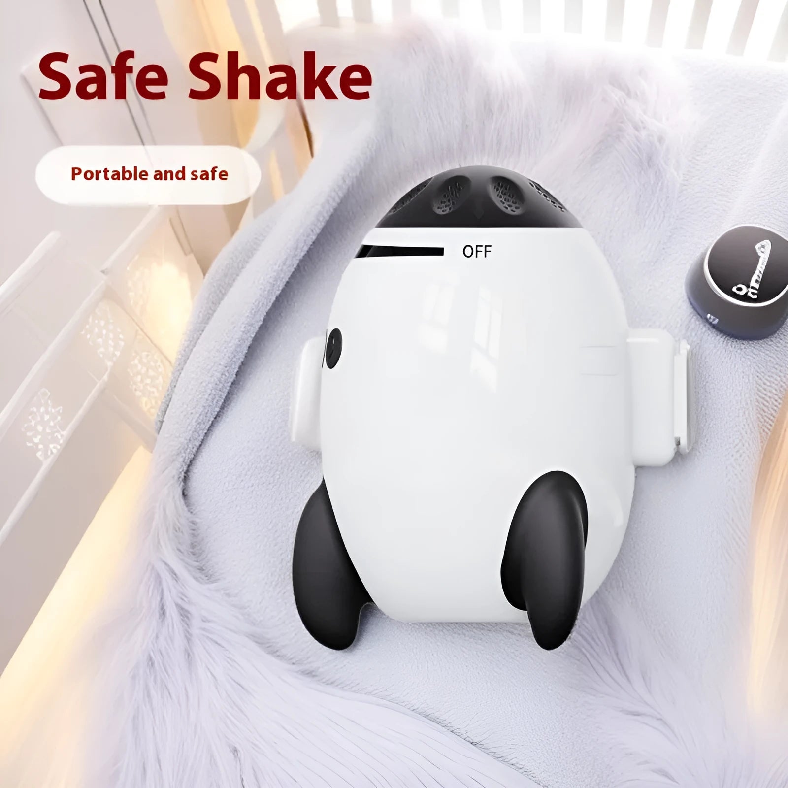 White portable baby sleep comforter with automatic shaking and Bluetooth, made of ABS plastic.