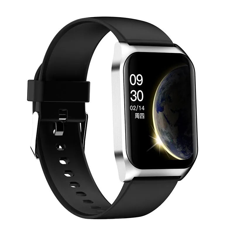 Black smart watch with 1.69-inch screen displaying heart rate and call functions on silicone wrist strap