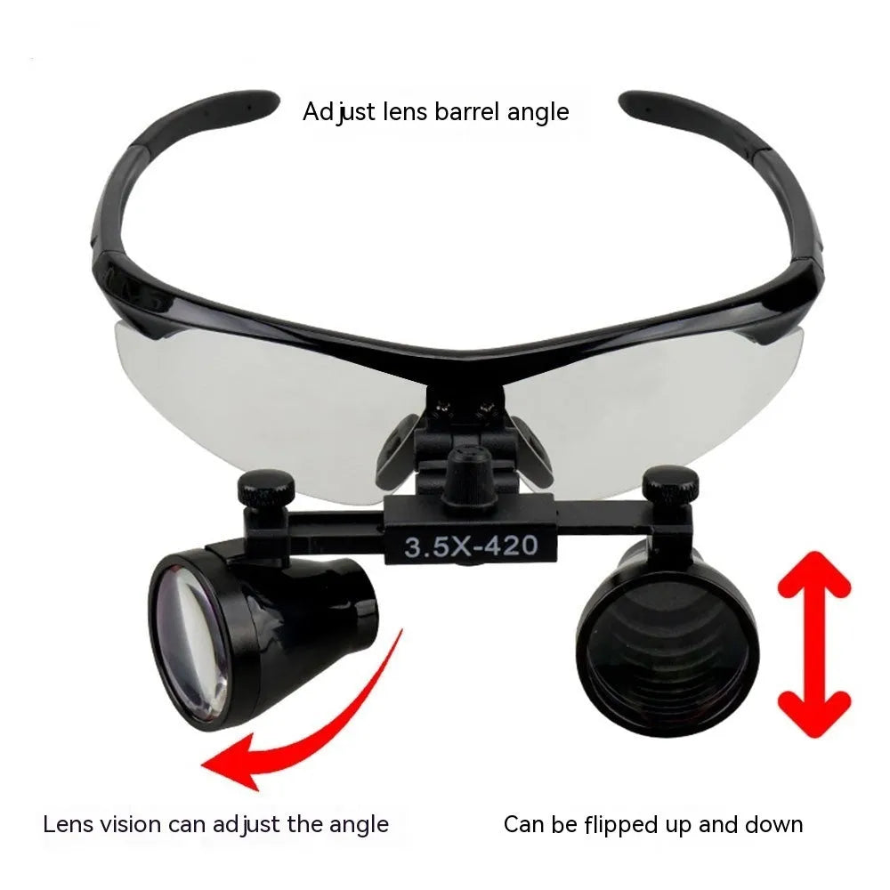 Black suit head-mounted LED magnifying glass with 3.5X magnification and plastic frame for close-up work