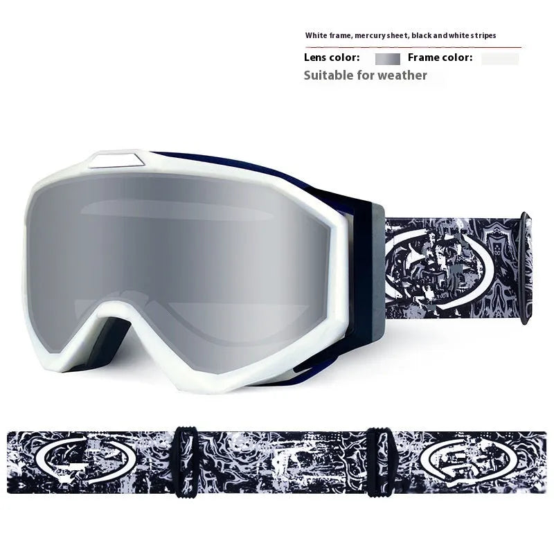 Motorcycle goggles with double layer anti-fog lenses in a black frame with grey film, shown with a storage cloth bag.