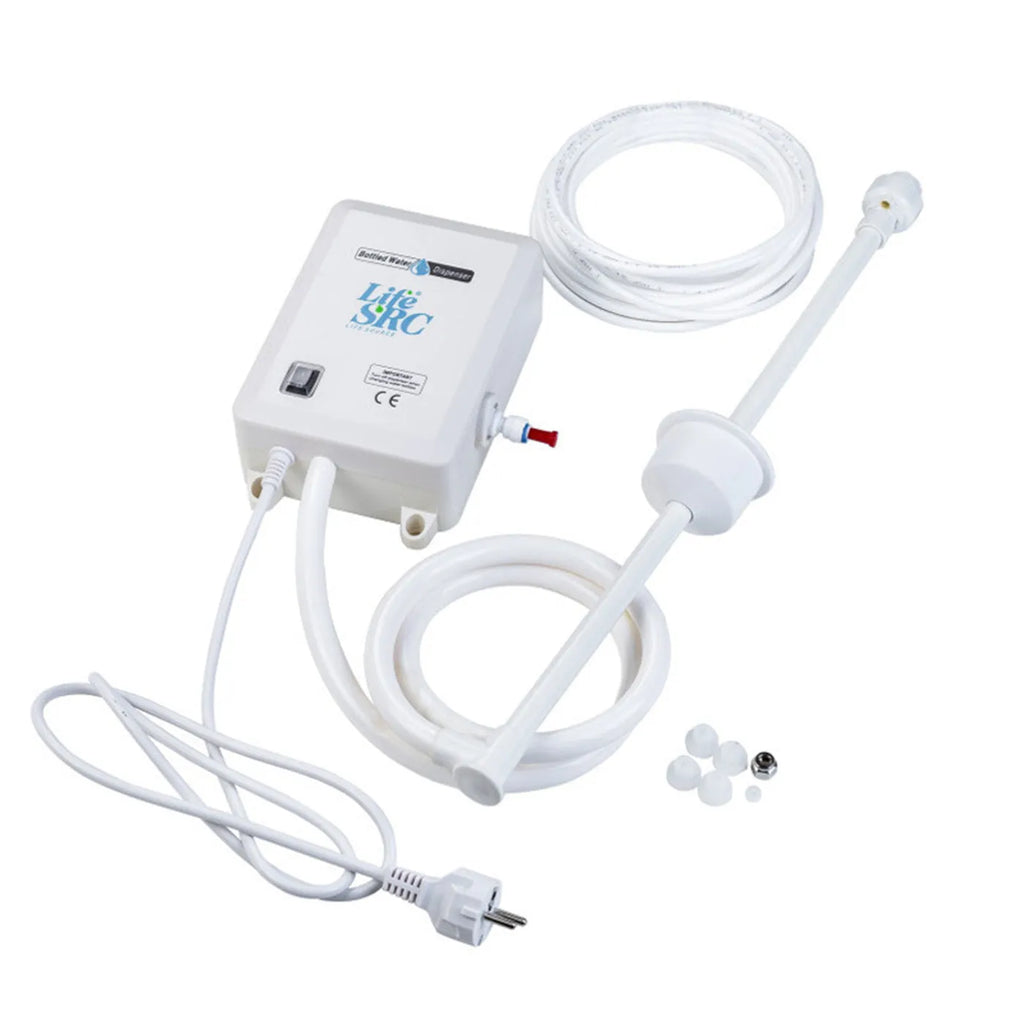 Food-grade plastic electric water pump BWD1200 with US plug on a bottled water container