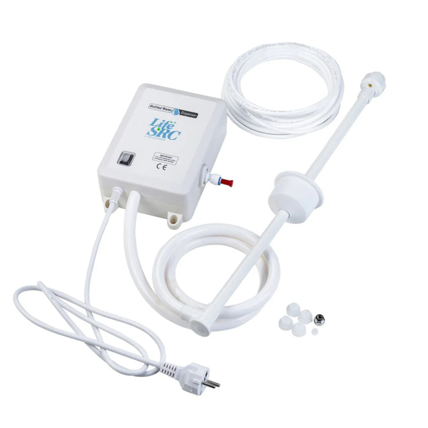 Food-grade plastic electric water pump BWD1200 with US plug on a bottled water container