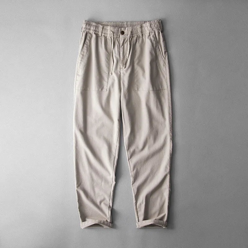 Men's linen casual trousers in solid colours with mid waist and trouser length