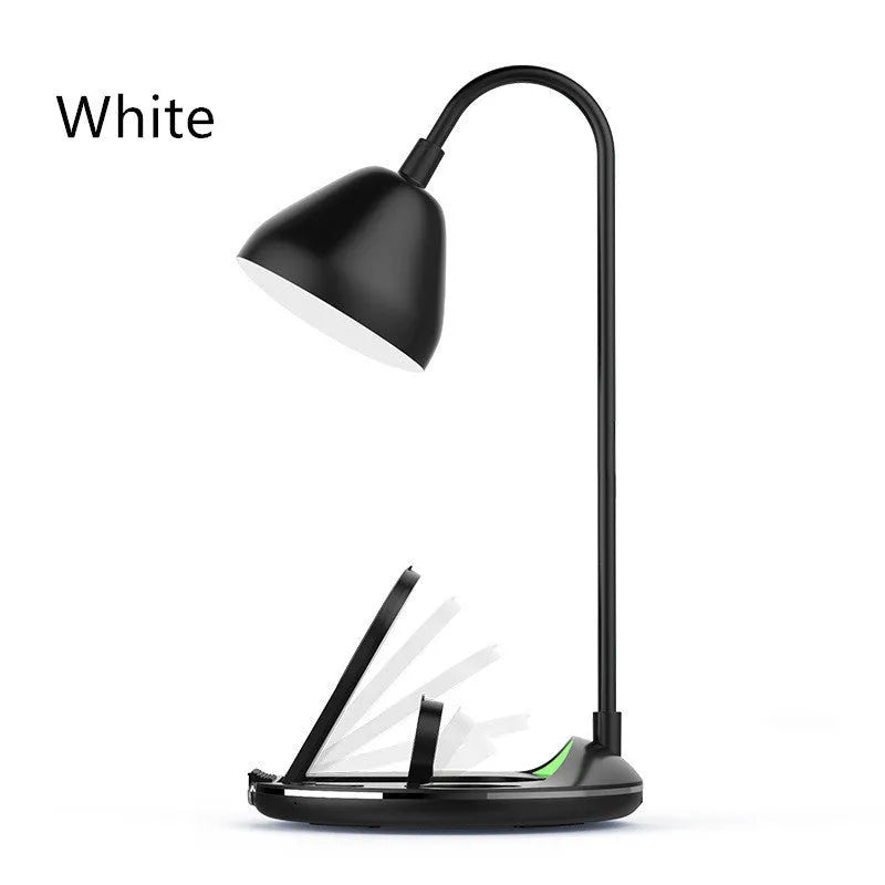 Black magnetic folding wireless charger shown open and closed, with integrated USB cable.