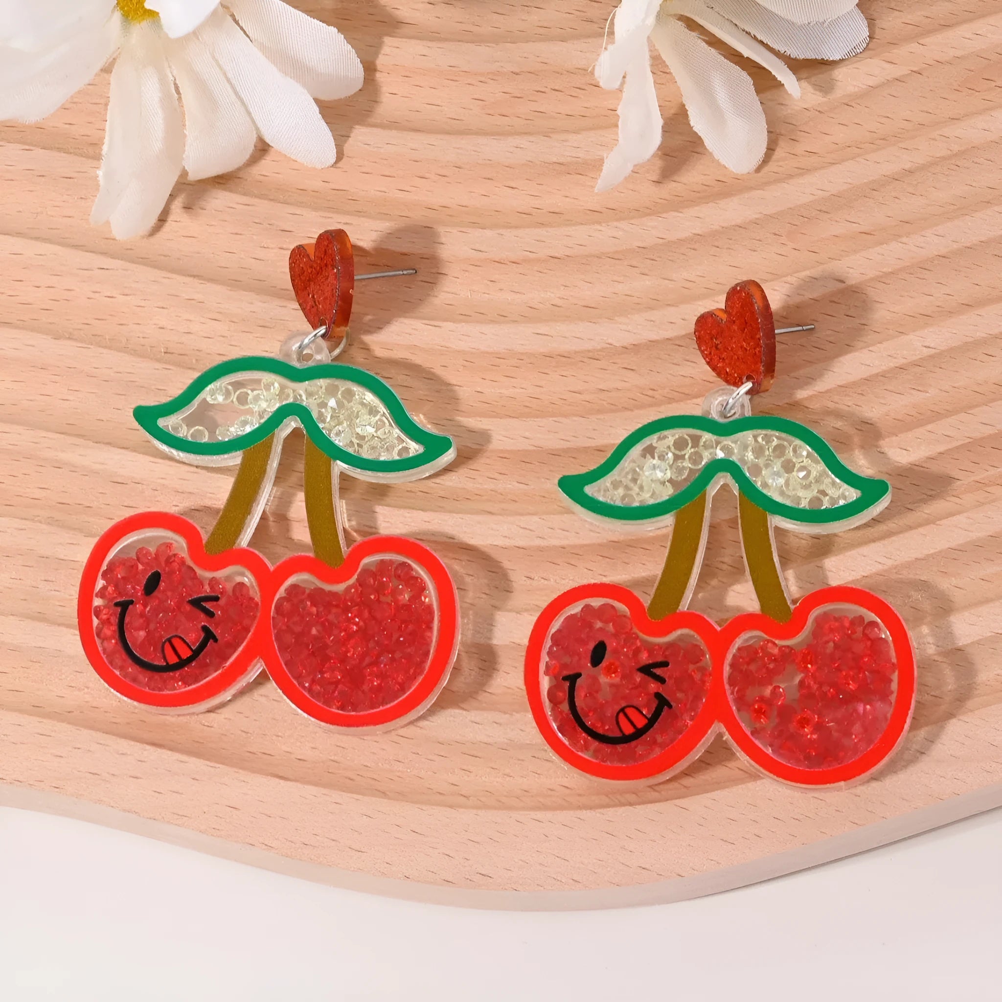 Acrylic fruit-shaped drop earrings in cherry motif, pastoral style for women