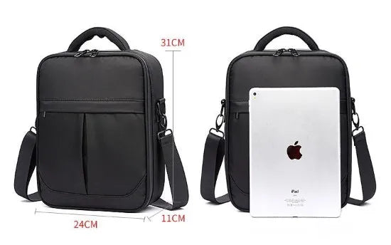 Black Oxford fabric men's messenger shoulder bag showing front view with dimensions 24cm wide by 31cm high.