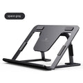 Foldable aluminum alloy tablet and phone holder stand in P63 dark gray on a desk