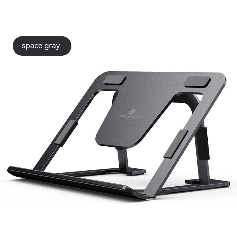 Foldable aluminum alloy tablet and phone holder stand in P63 dark gray on a desk