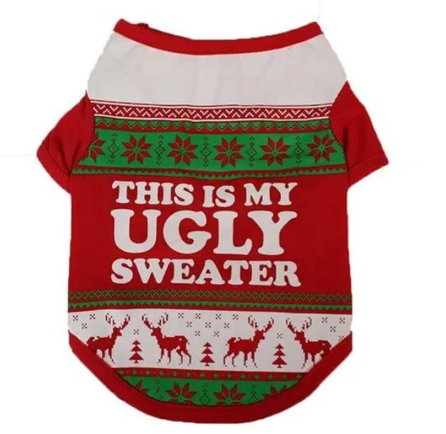 Red two-legged pet vest for Teddy dogs sized XS to XL on a small dog for autumn Christmas wear