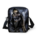 Children's skull pattern messenger bag showing medium size, zipper opening and dual shoulder straps