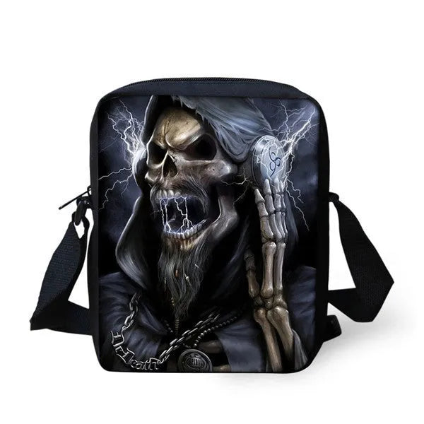 Children's skull pattern messenger bag showing medium size, zipper opening and dual shoulder straps