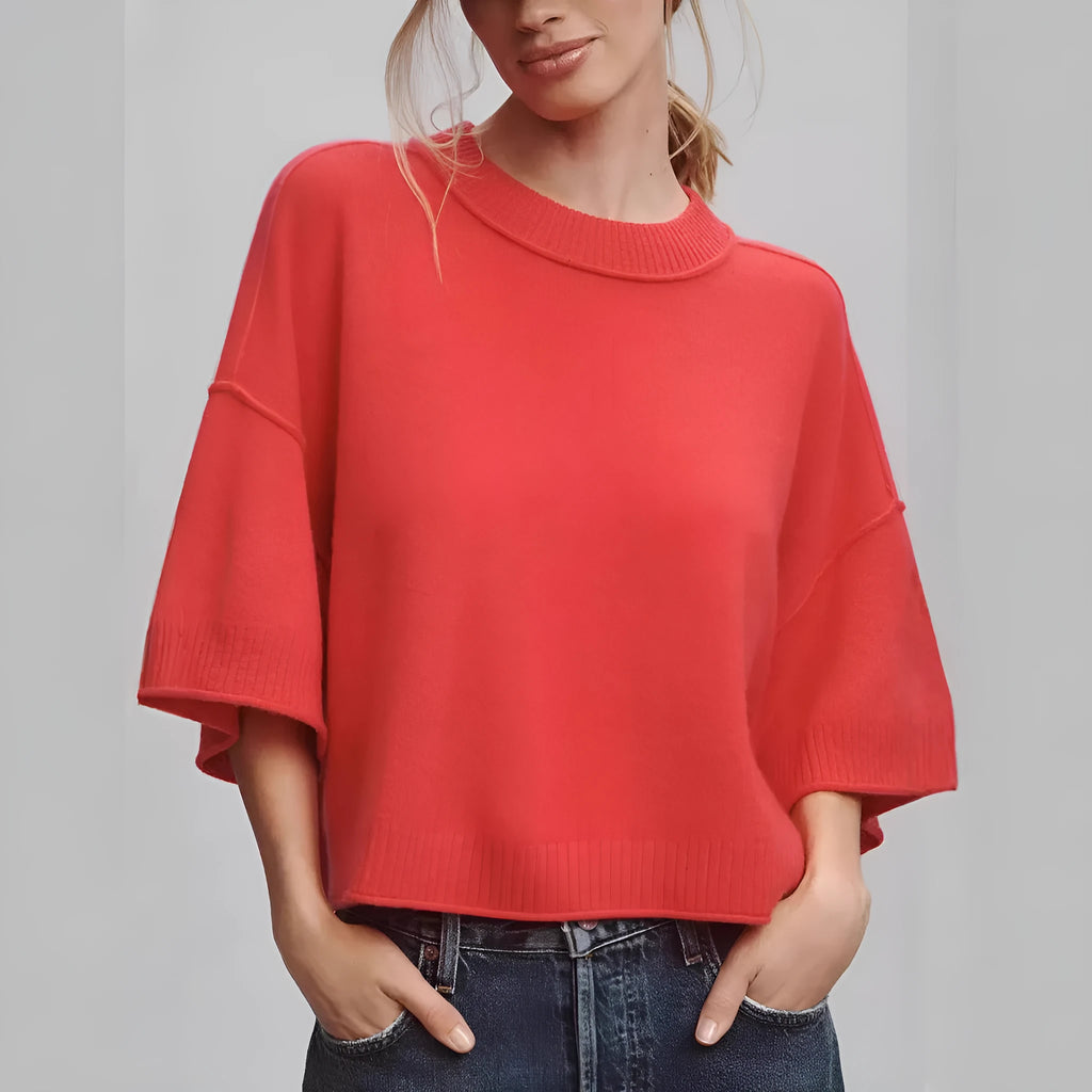 Red hot girl style viscose T-shirt with cropped length and exposed navel design on mannequin