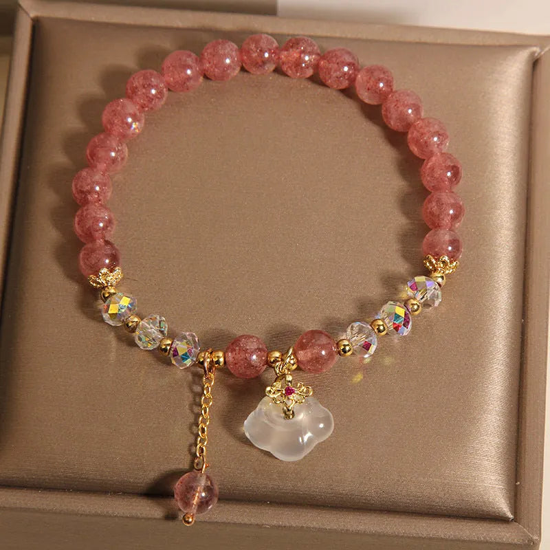 Women's natural crystal bracelet with strawberry quartz and white agate beads, auspicious clouds design, 40 grams weight