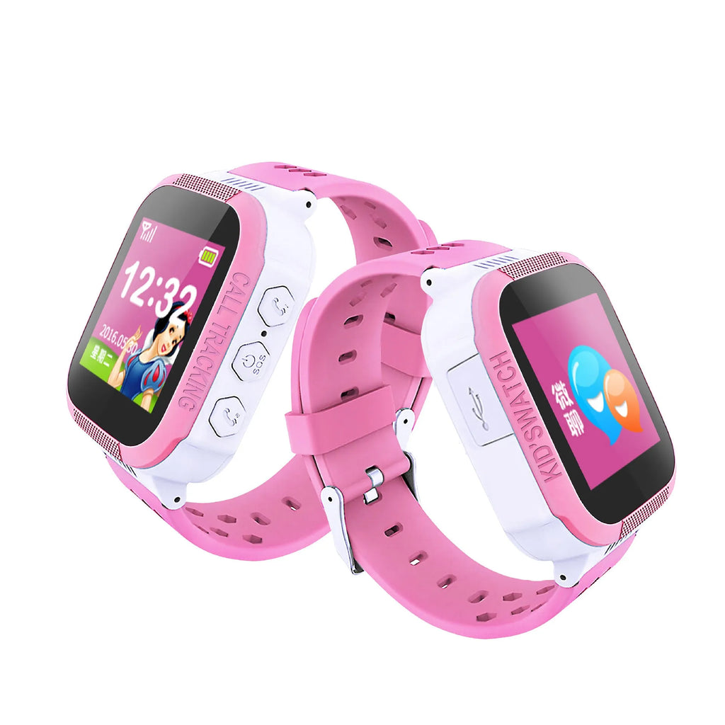 Blue and pink children's smartwatch showing a 1.44-inch IPS touchscreen display on a wrist.