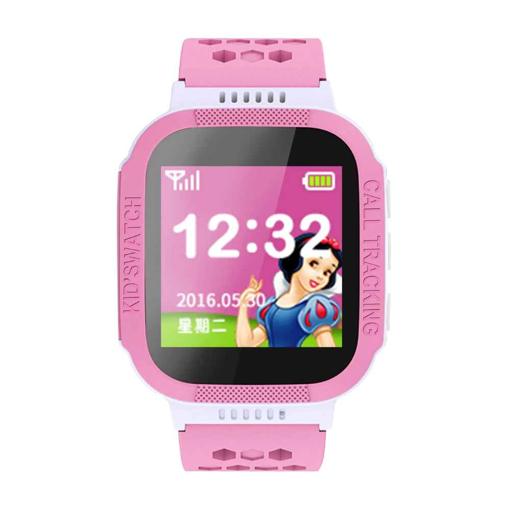 Blue and pink children's smartwatch showing a 1.44-inch IPS touchscreen display on a wrist.