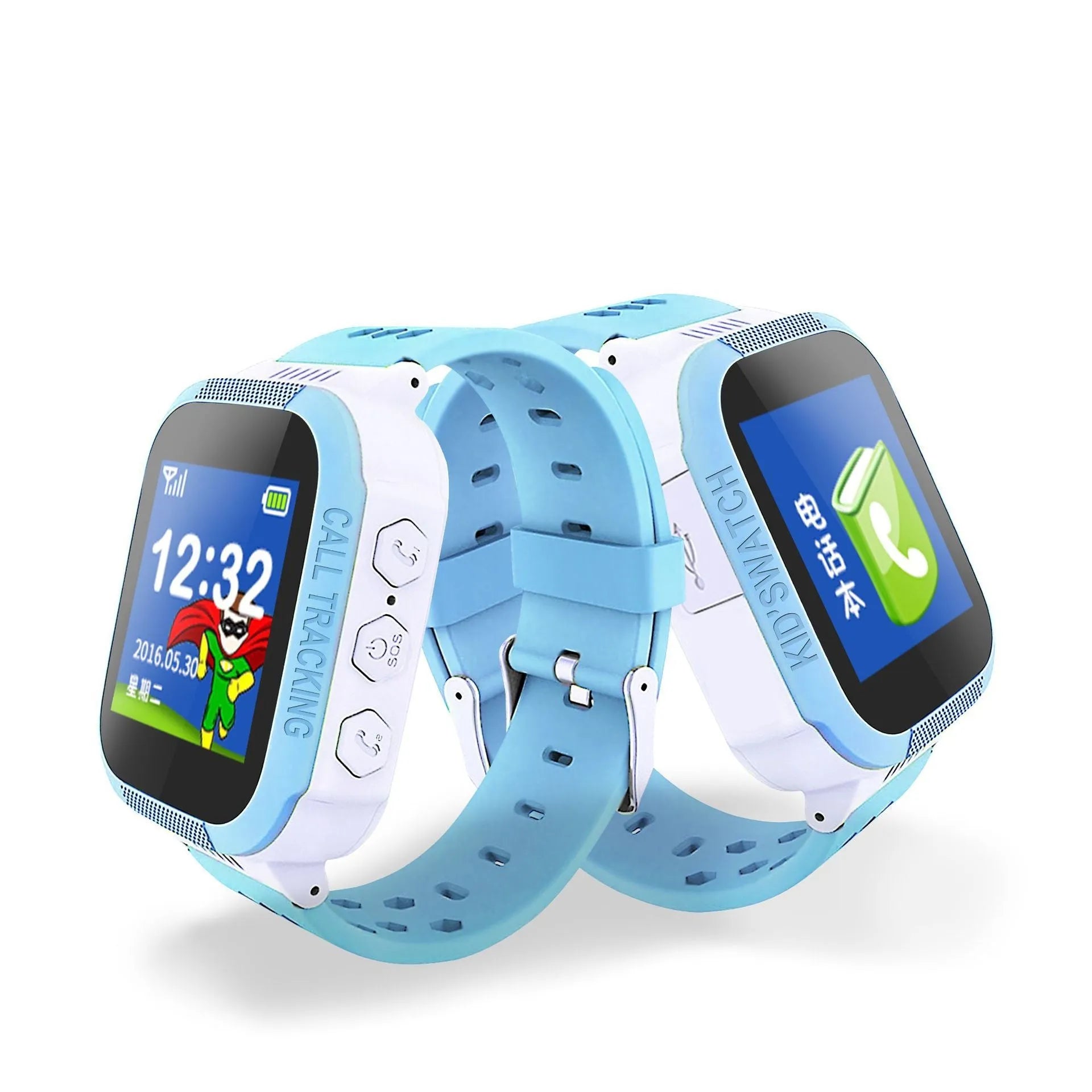 Blue and pink children's smartwatch showing a 1.44-inch IPS touchscreen display on a wrist.