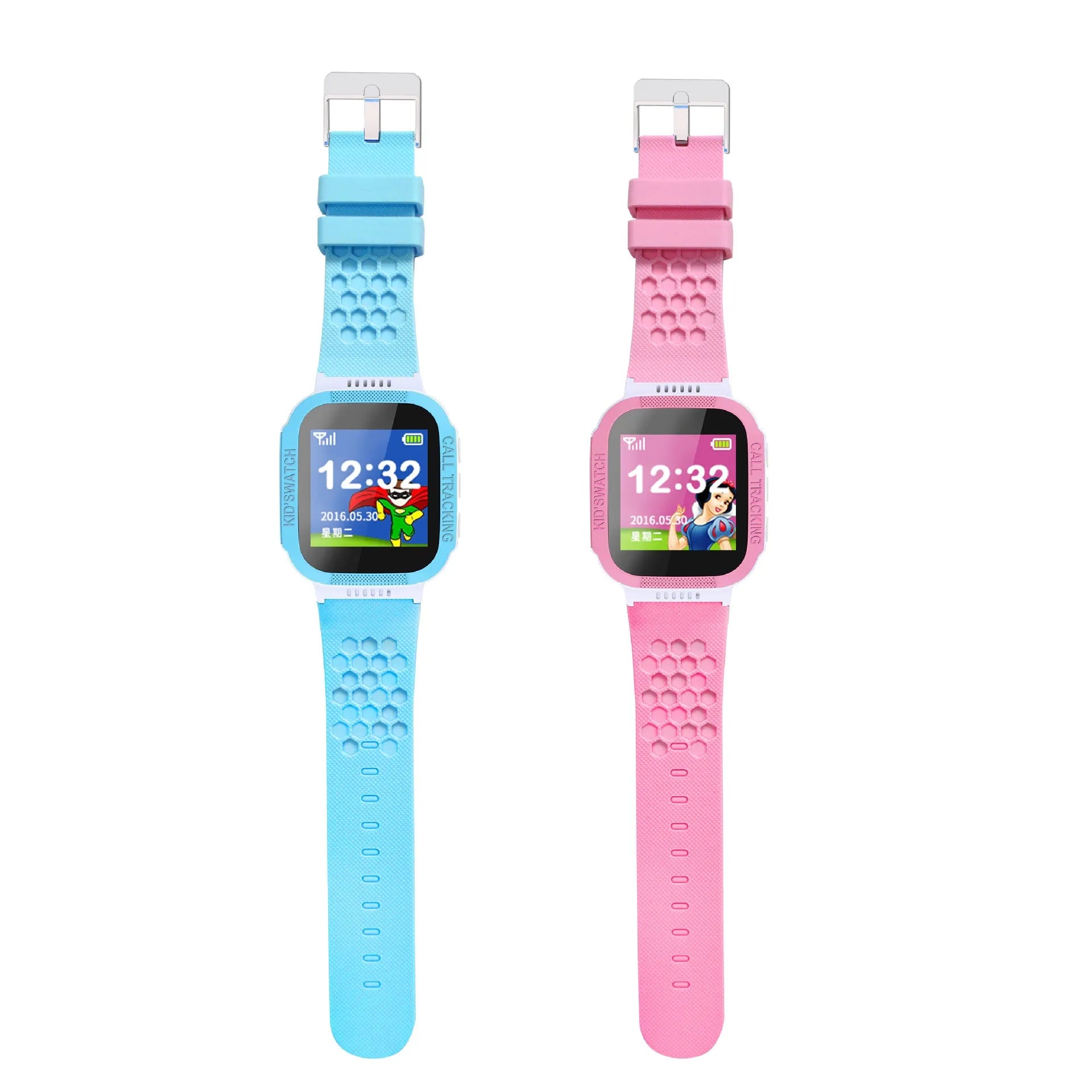 Blue and pink children's smartwatch showing a 1.44-inch IPS touchscreen display on a wrist.