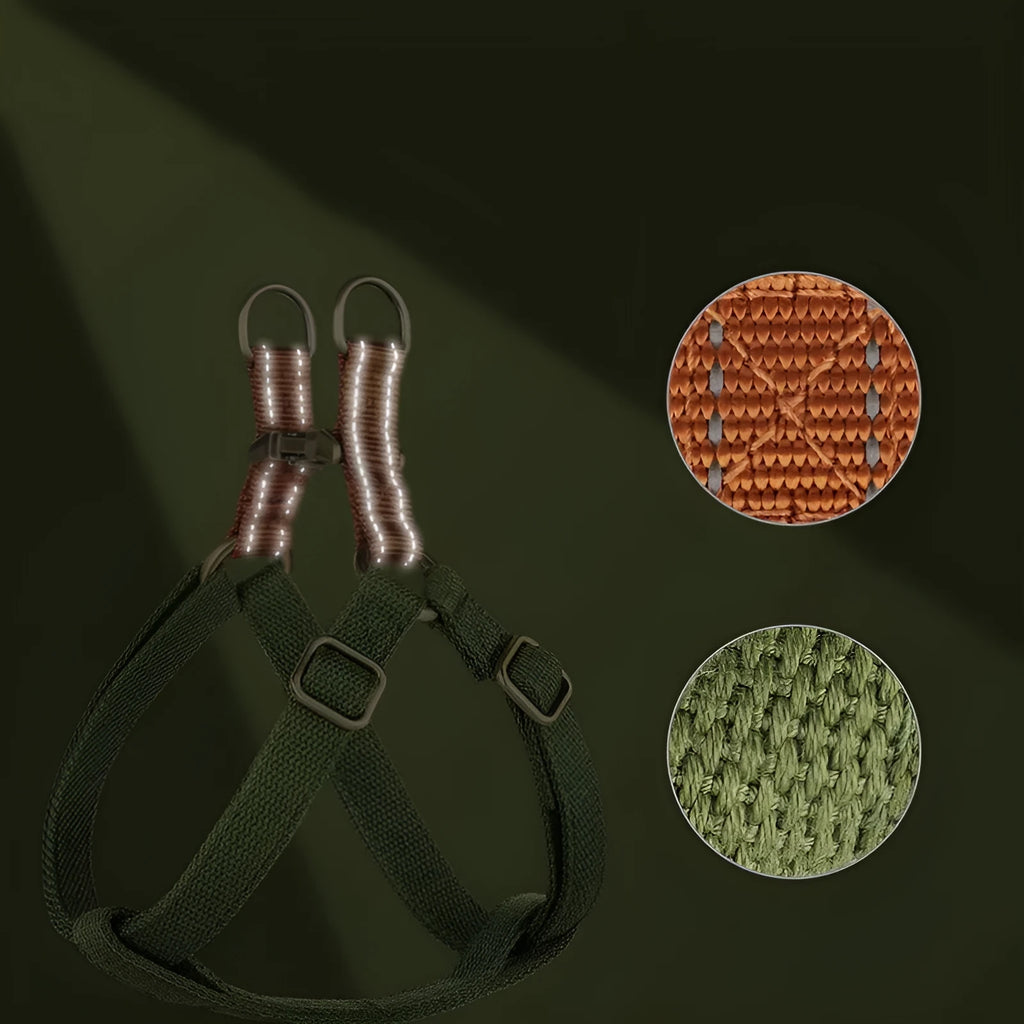 Brown vest style dog leash with anti-loss clip shown on a dog, with adjustable straps and alloy fastener.