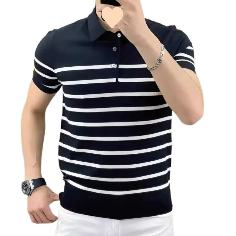 Black and white striped pullover T-shirt laid flat, showing non-iron casual design.