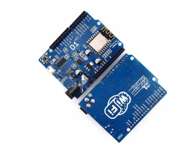Black ESP8266 Wi-Fi development board with pin headers, compatible with Arduino IDE.