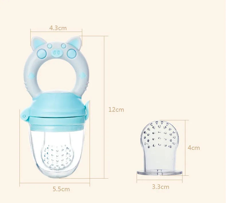 Baby teether toy made from silicone rubber in blue, green or pink colours with textured mouthpiece