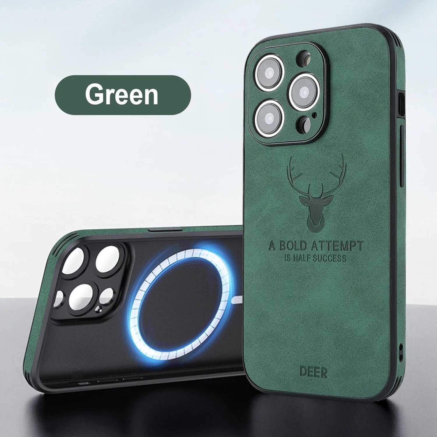 Magnetic charging moose head imitatin leather phone case for iPhone 16, black colour, embossed design