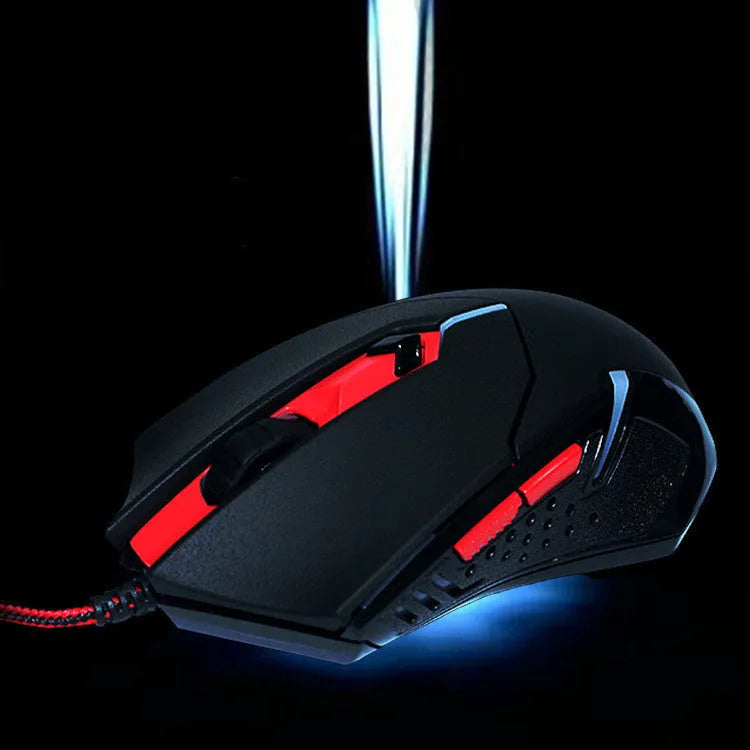 Black and red wired USB gaming mouse with six buttons on an ergonomic shape.
