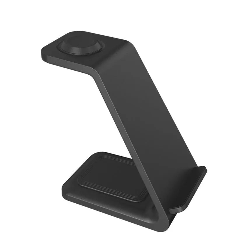 White 3-in-1 upright wireless charger with phone holder showing Type-C cable connection