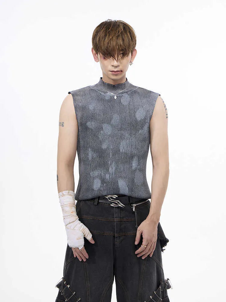 Men's black stretch sleeveless turtleneck with silver pastebrushing texture, stand collar, pullover style