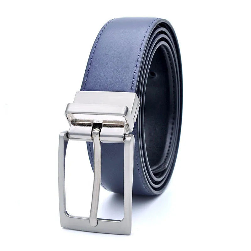 Men's brown and black leather belt with rotating pin buckle fastening mechanism showing length adjustment