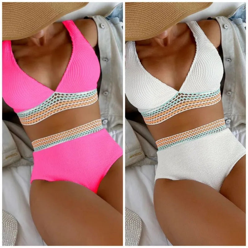 High waist split bikini solid colour nylon brief for women in white, sizes S to XL