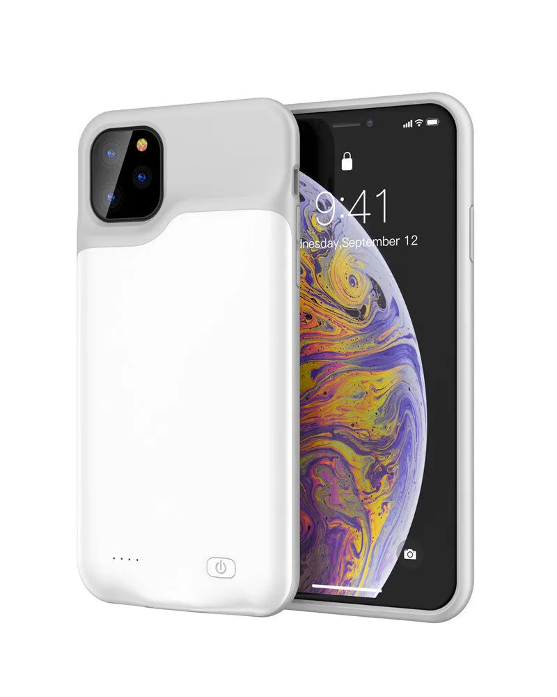 Shockproof silicone iPhone charging case with external battery in black, blue, pink, or white colours