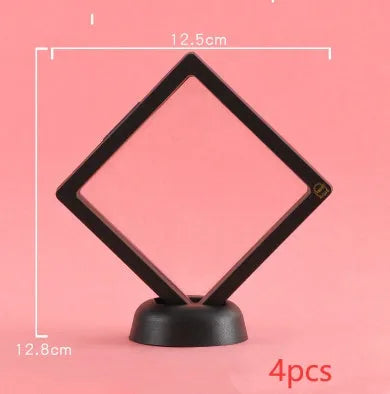 Transparent 3D floating display case holding a coin, with black and white size options