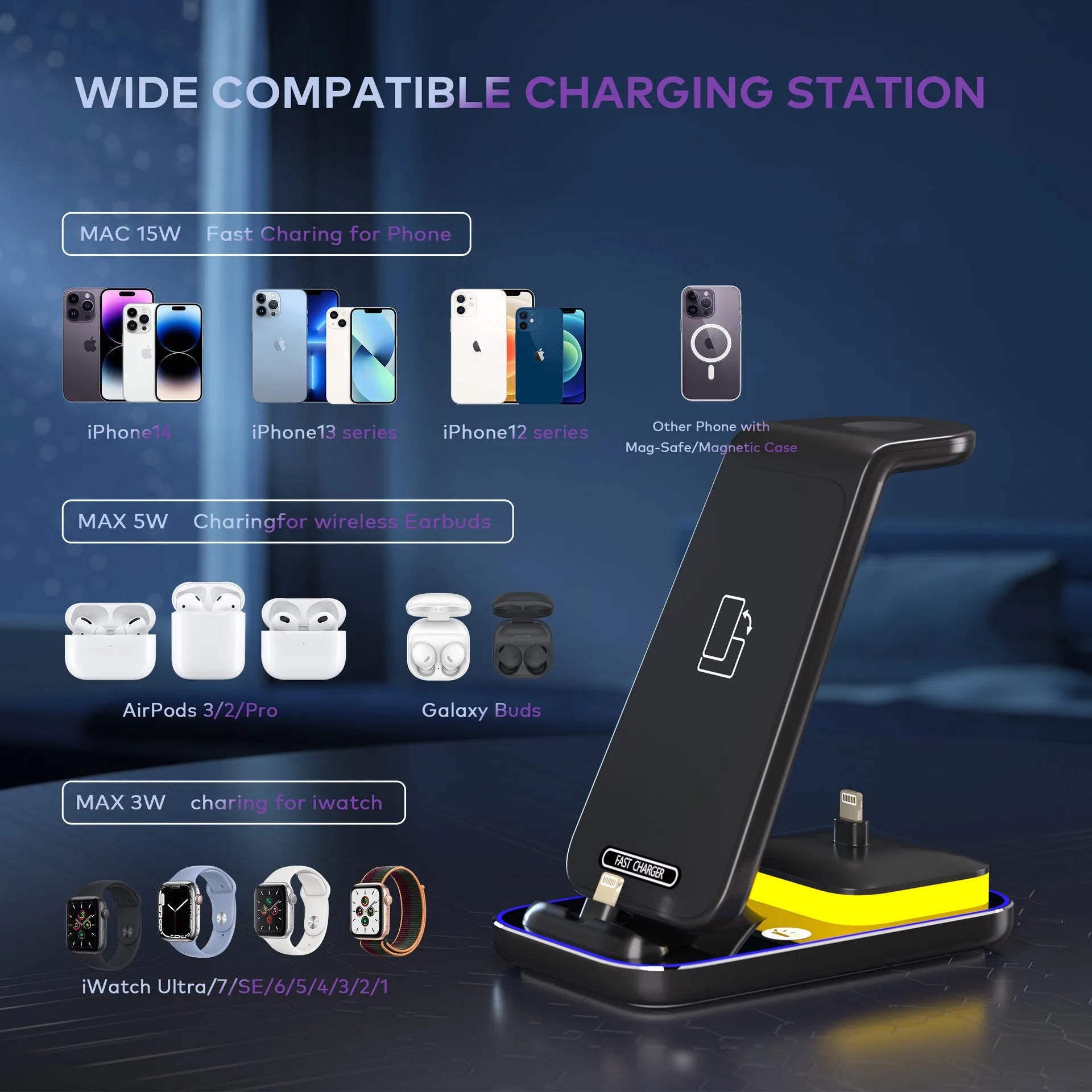 15W fast charge vertical wireless charger with phone, watch, and headset, black colour, on a desk