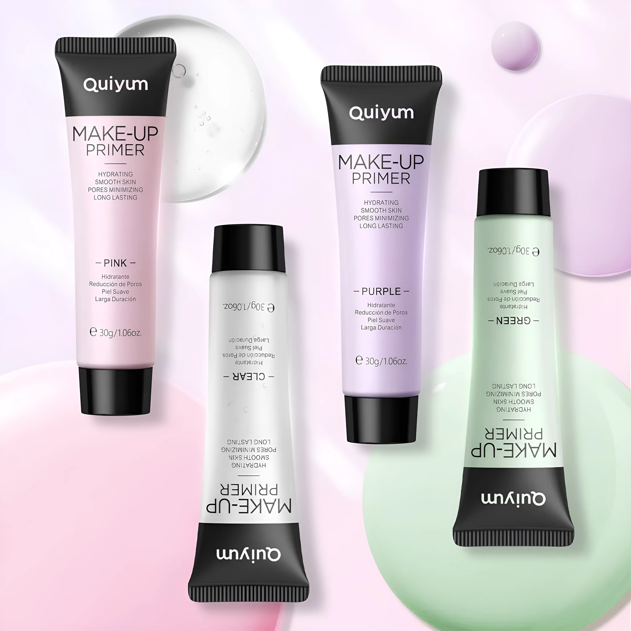 30g tube of colour-correcting moisturising face primer in green, pink, and purple shades.