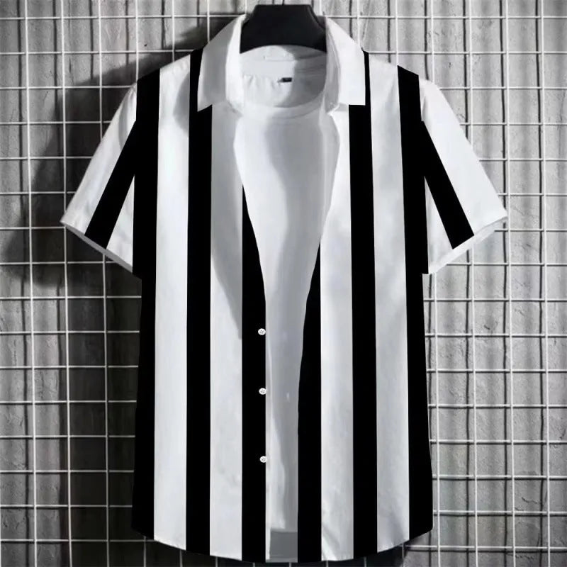 Men's simple striped linen t-shirt with 3D printing, shown in available colours and sizes.
