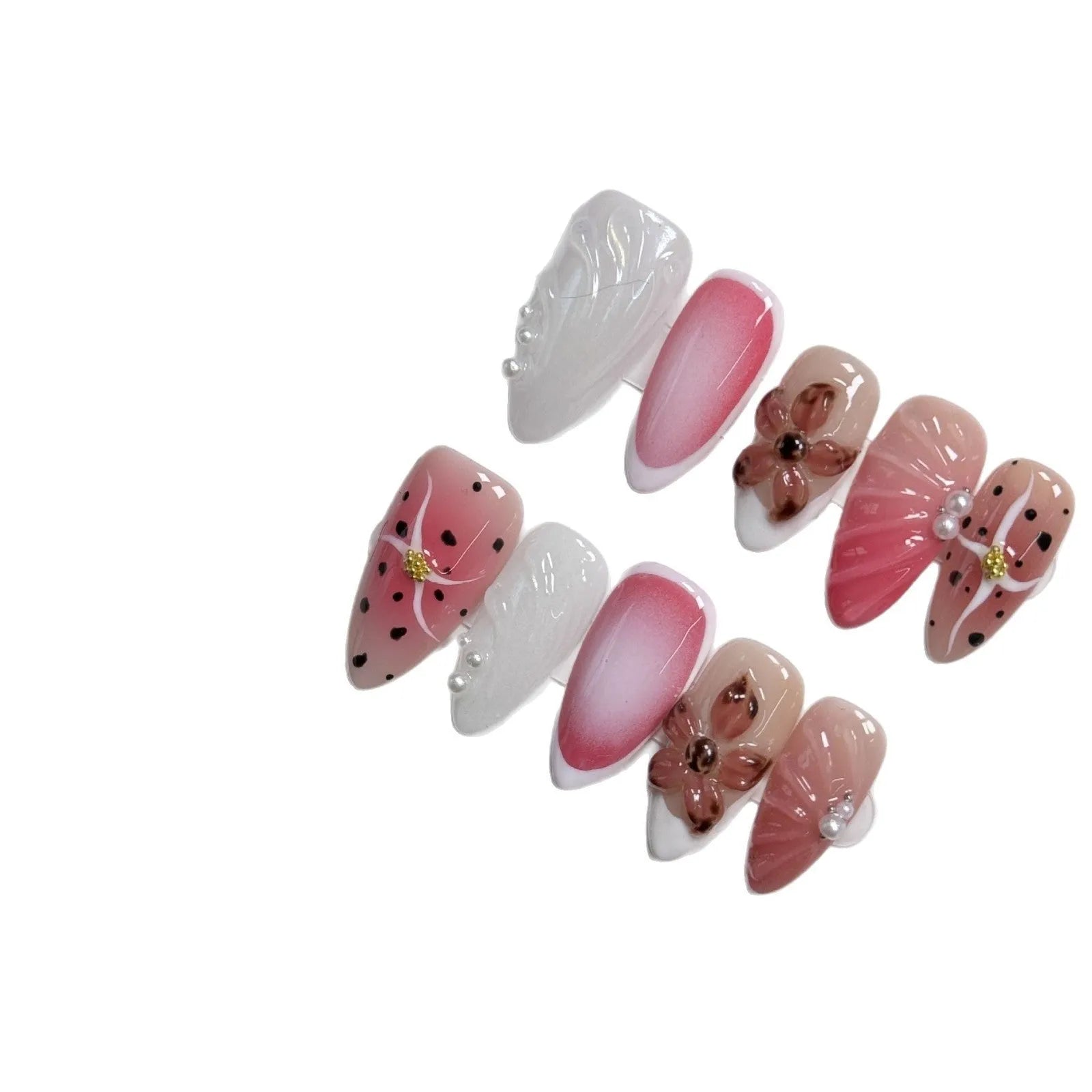 Hand-painted 3D carved nail art patches showing embossed cute patterns in four different sizes