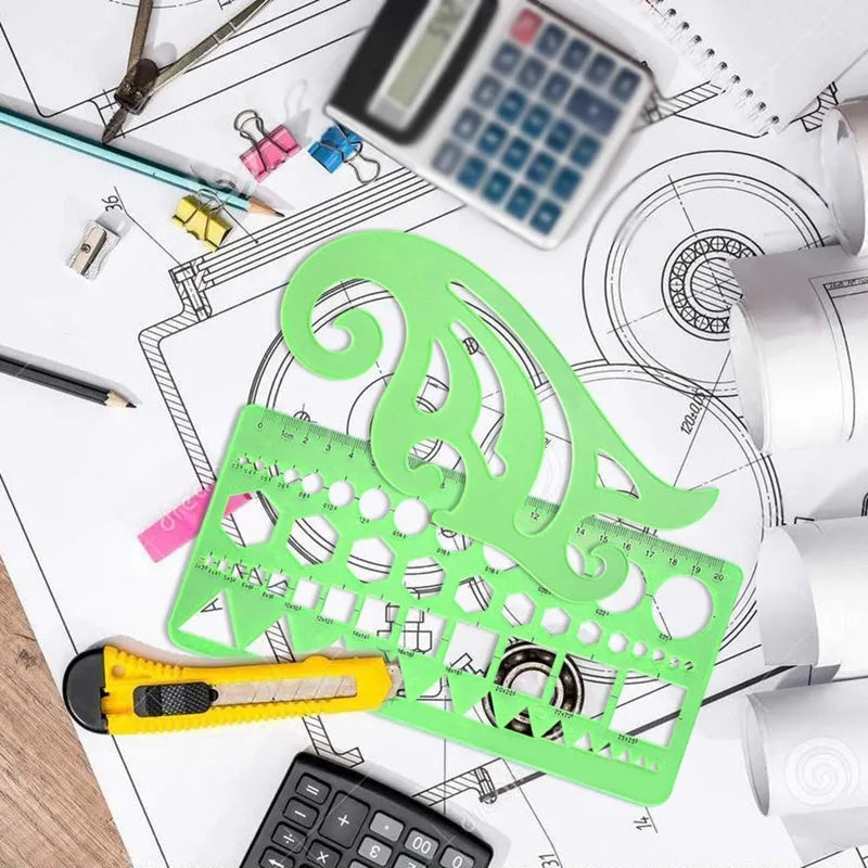 Clear green plastic geometric drawing templates set with eleven pieces and poly zipper envelope on white background