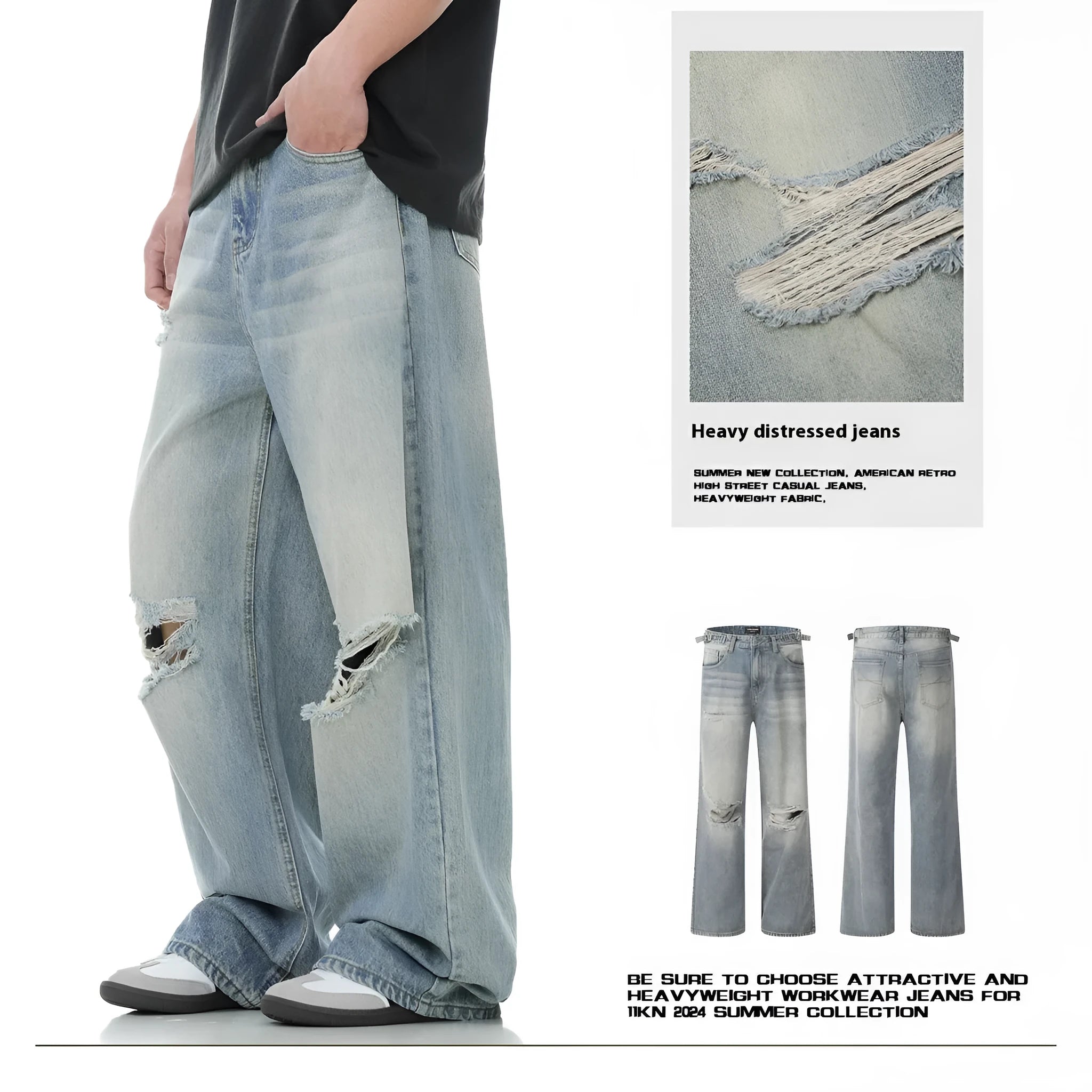 Blue men's straight-leg jeans with vintage rip detailing and zipper fly closure