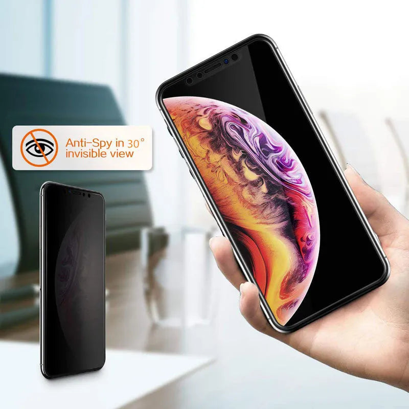 Black anti-peeping tempered glass screen protector for iPhone, front view with privacy filter visible at side angle