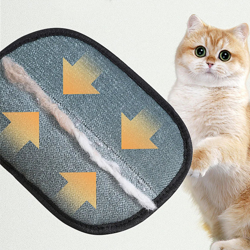 Black pet hair remover glove with silicone bristles for dogs and cats, shown on a hand