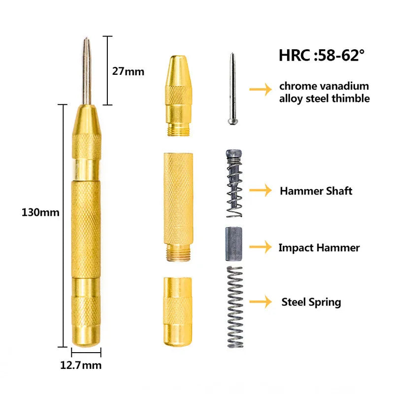 High speed steel cone step drill bit and centre punch set for metalworking.