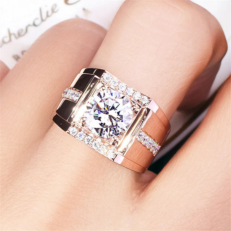 Men's adjustable copper ring with diamond geometry design in electroplated rose gold finish